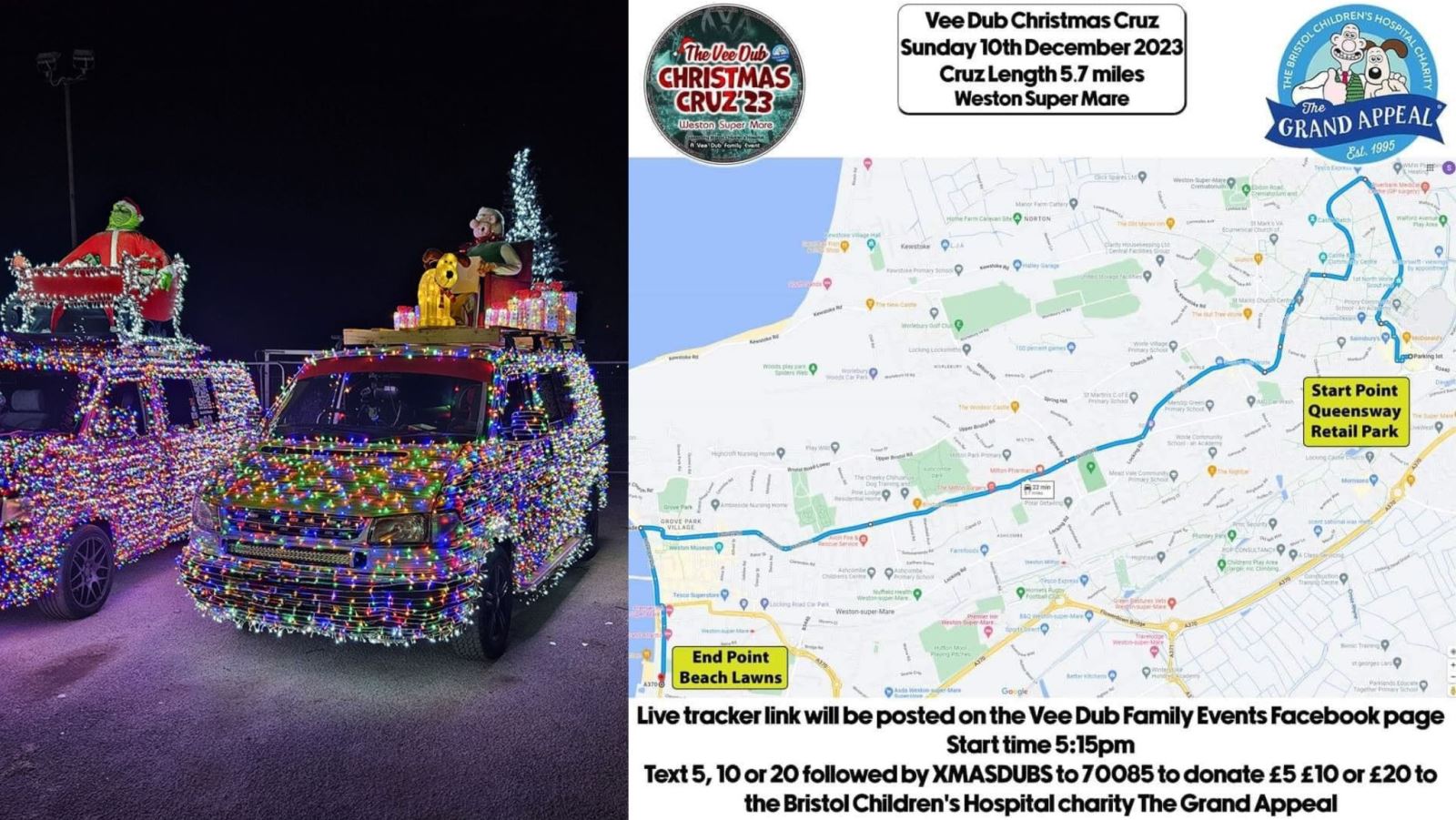 Two vans covered in festive lights and a map